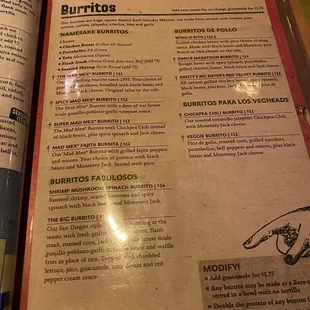 a menu for burritos