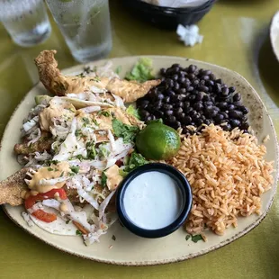 Fried Fish Tacos  with Black Beans &amp; Rice