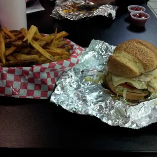 The "what the cluck" chicken burger. Side of regular fries.