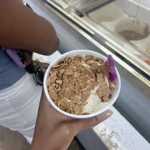 Waffle crumbles on top of my ice cream