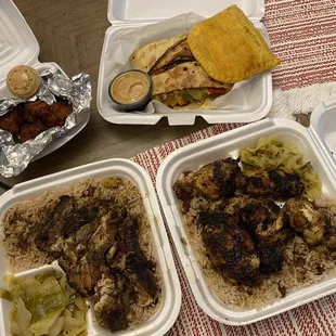 Jerk Chicken - Full Pan, jerk chicken wings, Conch Fritters, Jerk Shrimp Quesadilla
