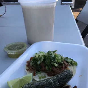 Birria street taco and horchata