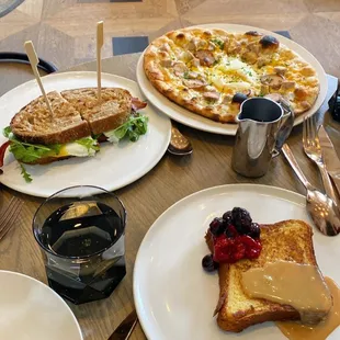 French toast, breakfast pizza and sandwich