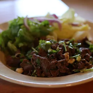  a plate of meat and vegetables
