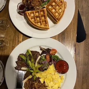 Chicken and waffles and steak and eggs