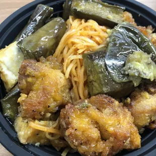 3/24/22 mini with plain pad thai noodles, garlic chicken and eggplant tofu