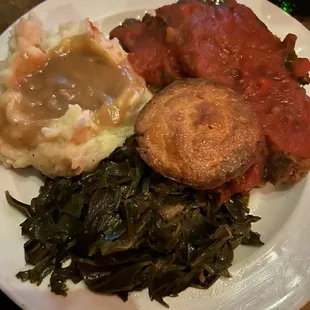 Meatloaf-mashed potatoes-collard greens and cornbread!