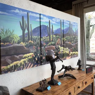 Triptych and sculpture in the front