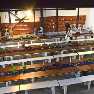 Banquet-style seating for a wedding reception at MadArt Studio.