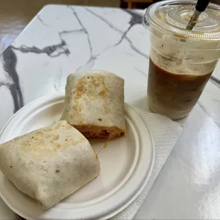 Breakfast Burrito with bacon, and iced latte