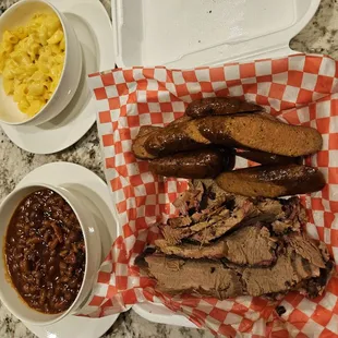Brisket (I&apos;ll go for the fatty side next time), sausage, Mac and cheese and beans.