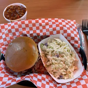 Brisket sandwich, coleslaw and baked beans