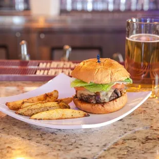 Java Bourbon Burger- handcrafted dry coffee rub ground beef with Java bourbon sauce, mushrooms Swiss cheese and coleslaw on brioche