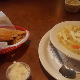 Soup of the day (chicken noodle soup) and catfish