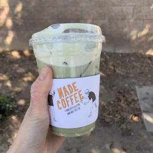 Matcha latte w oat milk and a pump of rose syrup