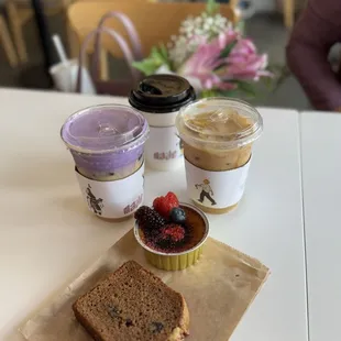 Vegan banana walnut loaf, Lavender Latte w Ube Cold foam &amp; Spanish Latte iced &amp; hot #GalentinesDate morning sess w my Mimas  2.14.25