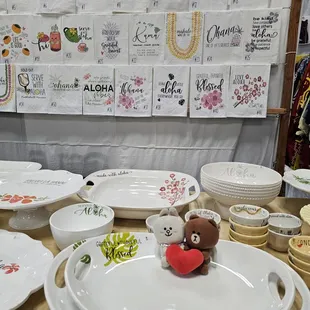 Local platters, bowls, towels, etc