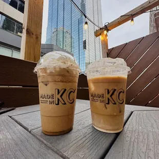 Pumpkin spice latte on the left and maple cold brew on the right