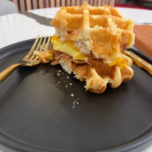 Bacon egg and cheese waffle sandwich! Amazing!