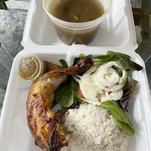 Lunch chicken, rice, and soup.