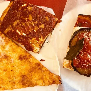 Cheese slice, upside down slice, and eggplant slice