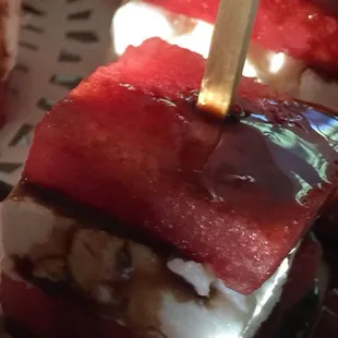 Watermelon Feta Bites drizzled with balsamic