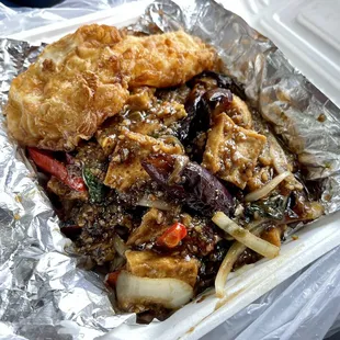 Spicy Eggplant with Tofu and a couple perfectly fried eggs. Bruh.....