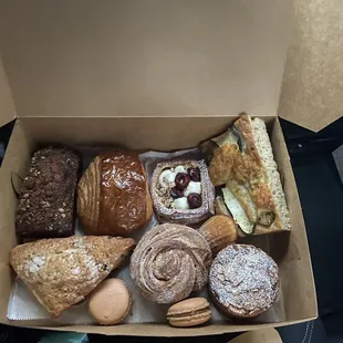 Focaccia bread, macaron, morning bun, madeline, scone, danish, chocolate croissant