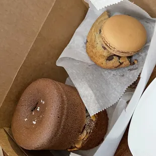 Fondant, basque pastry, sea salt chocolate chip cookie, passionfruit macaron