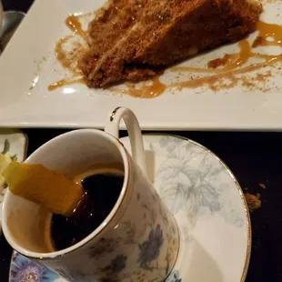 Carrot cake and espresso! I asked for lemon peel for my espresso and Carmel drizzle for the cake.  Such a perfect dessert