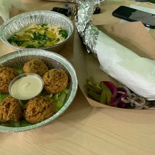 Falafel, hummus, beef shawarma