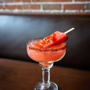 Watermelon paleta margarita with a chamoy and tajin rim!