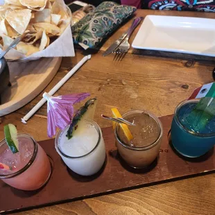 Overhead view of the margarita flight. Each one is decorated!