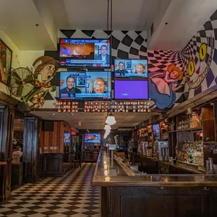 a bar with a checkered floor