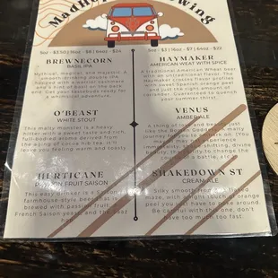 the menu for madhopper brewing
