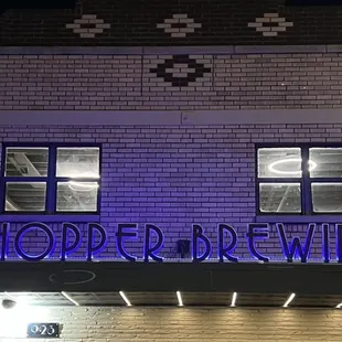 the front of the building at night