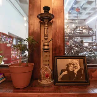 A display near the motorcycle shop window, showcasing some photos of our owner's ancestors.
