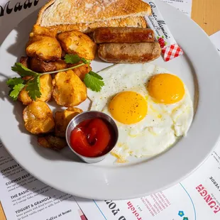 The Basic with sunny eggs, sausage links and white toast