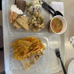 $17: chicken &amp; rice soup, quesadilla, nachos, pita bread, roasted pepper hummus, tahini, gyro, potato salad, &amp; tuna pasta salad