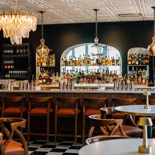 a view of a bar with a checkered floor