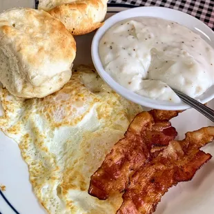 Eggs, Biscuits/gravy and bacon.