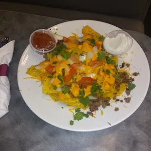Woohoo Nachos available in chicken, beef or chorizo