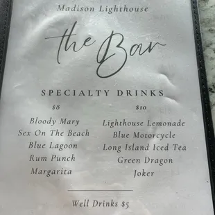 Bar menu