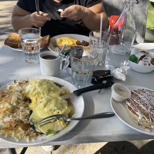 Portabello mushroom Benny with hash browns and pumpkin pancakes