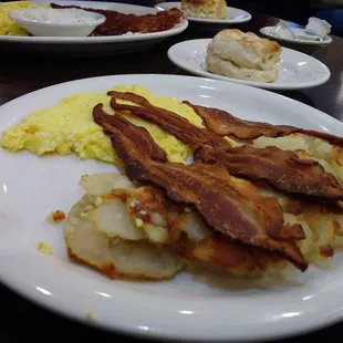 2 egg breakfast with bacon, homefries &amp; a biscuit