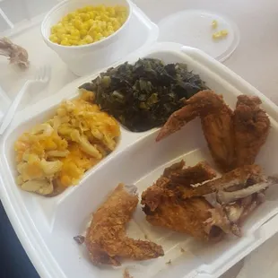 Chicken, corn, greens, mac n cheese