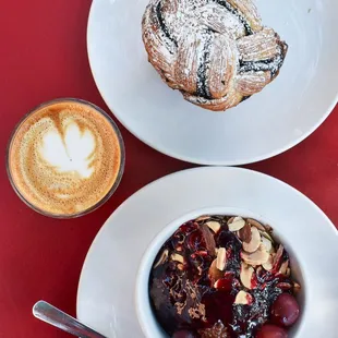 chocolate babka, chia pudding, and a cortado