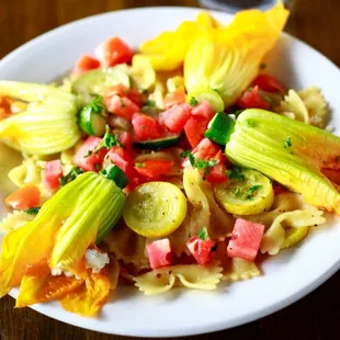 Stuffed zucchini blossoms and farfalle - a rare special of ours