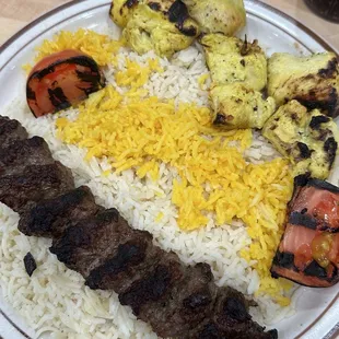 Combination kabob platter from the Mediterranean menu - rice was kind of wet today