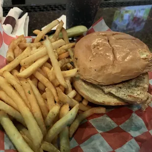 Grilled chicken sandwich with fries. Get barbecue sauce to go with it: it's excellent.